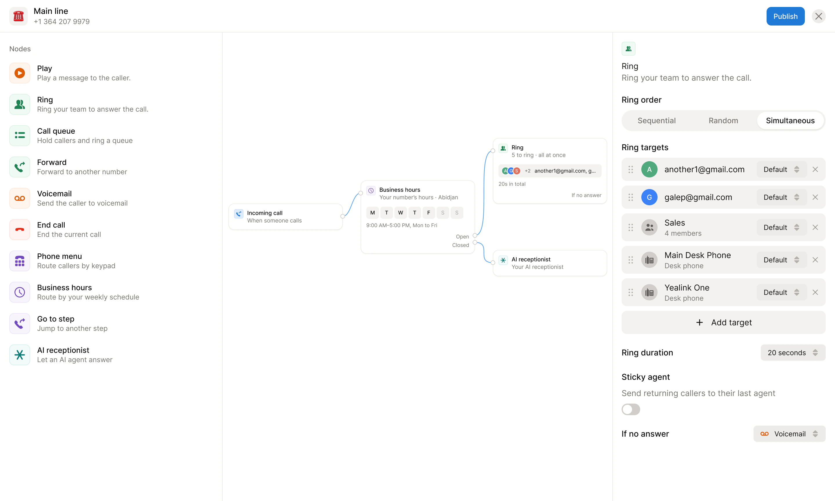 The call flow builder: the step palette, the canvas, and the panel for the selected step