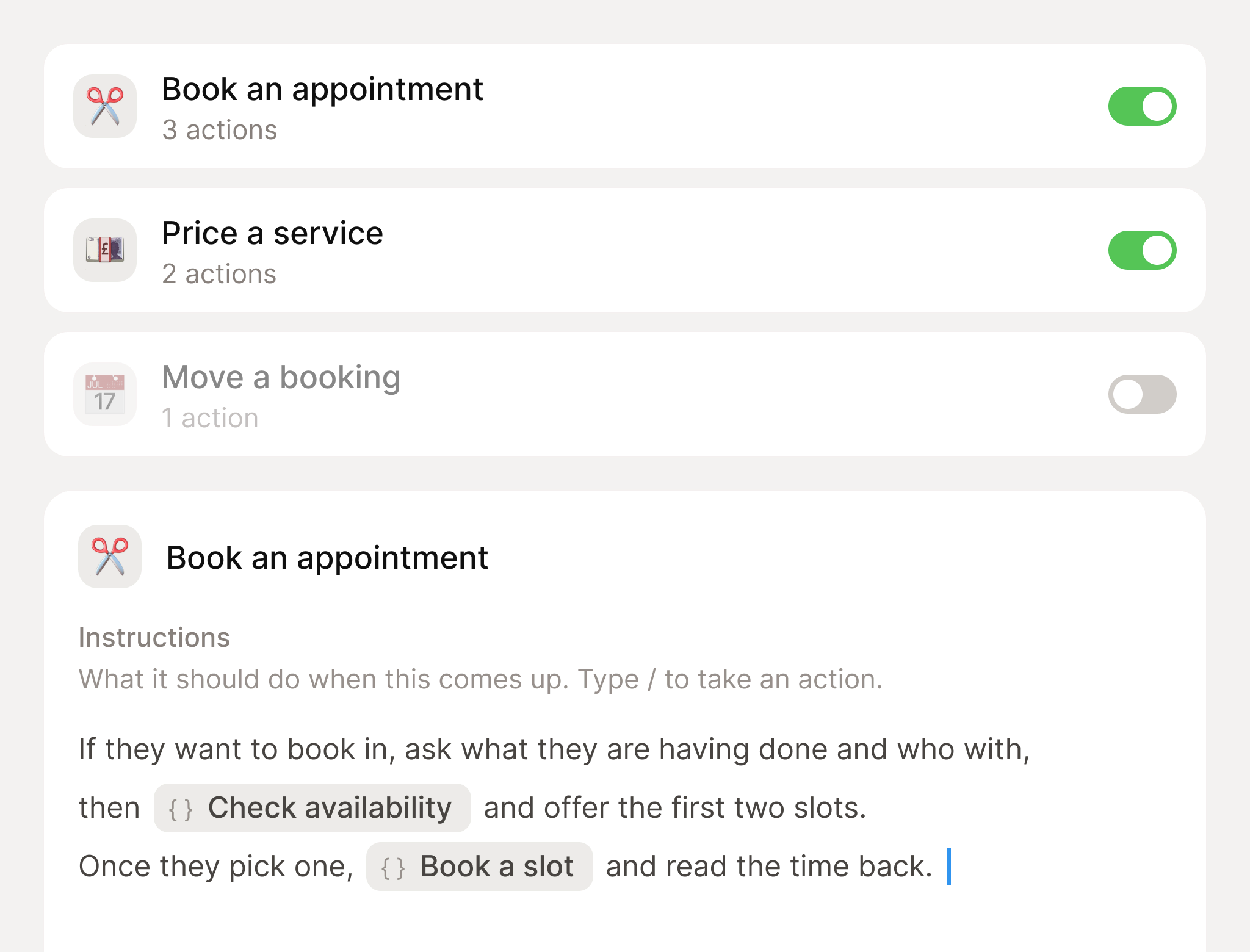 The AI receptionist's skills — book an appointment, price a service, move a booking — each switched on or off. One is open above the instruction it follows: check availability, offer two slots, then book the one the caller picks.