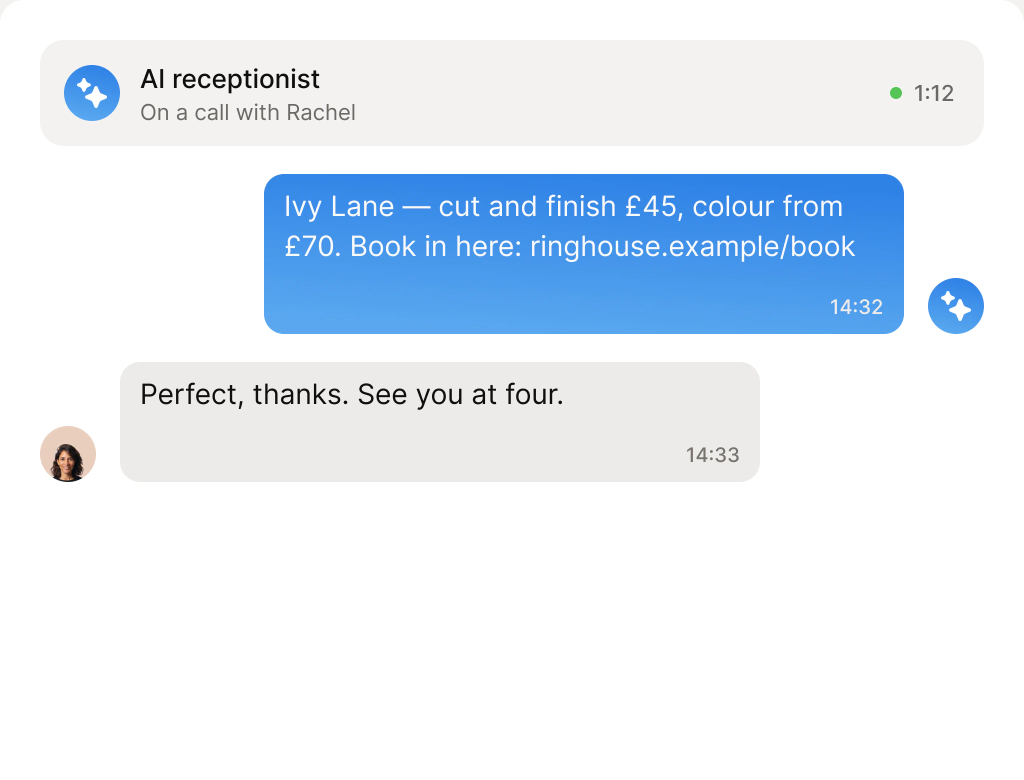 A call the AI receptionist is still on, texting the salon's prices and booking link to the caller mid-conversation, with the caller's reply beneath it.