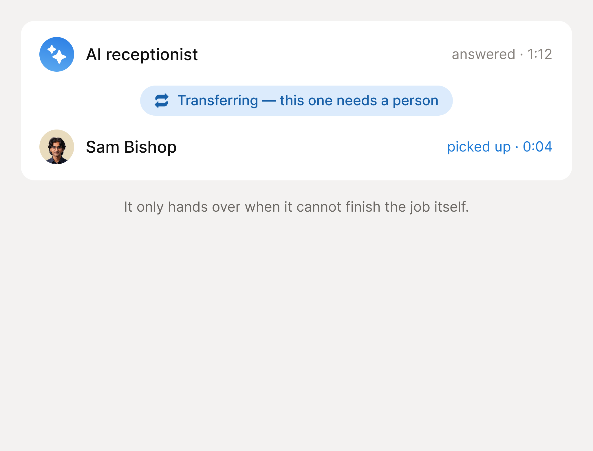 A call the AI receptionist answered, handing the caller over mid-conversation to a teammate, who picks up four seconds later.