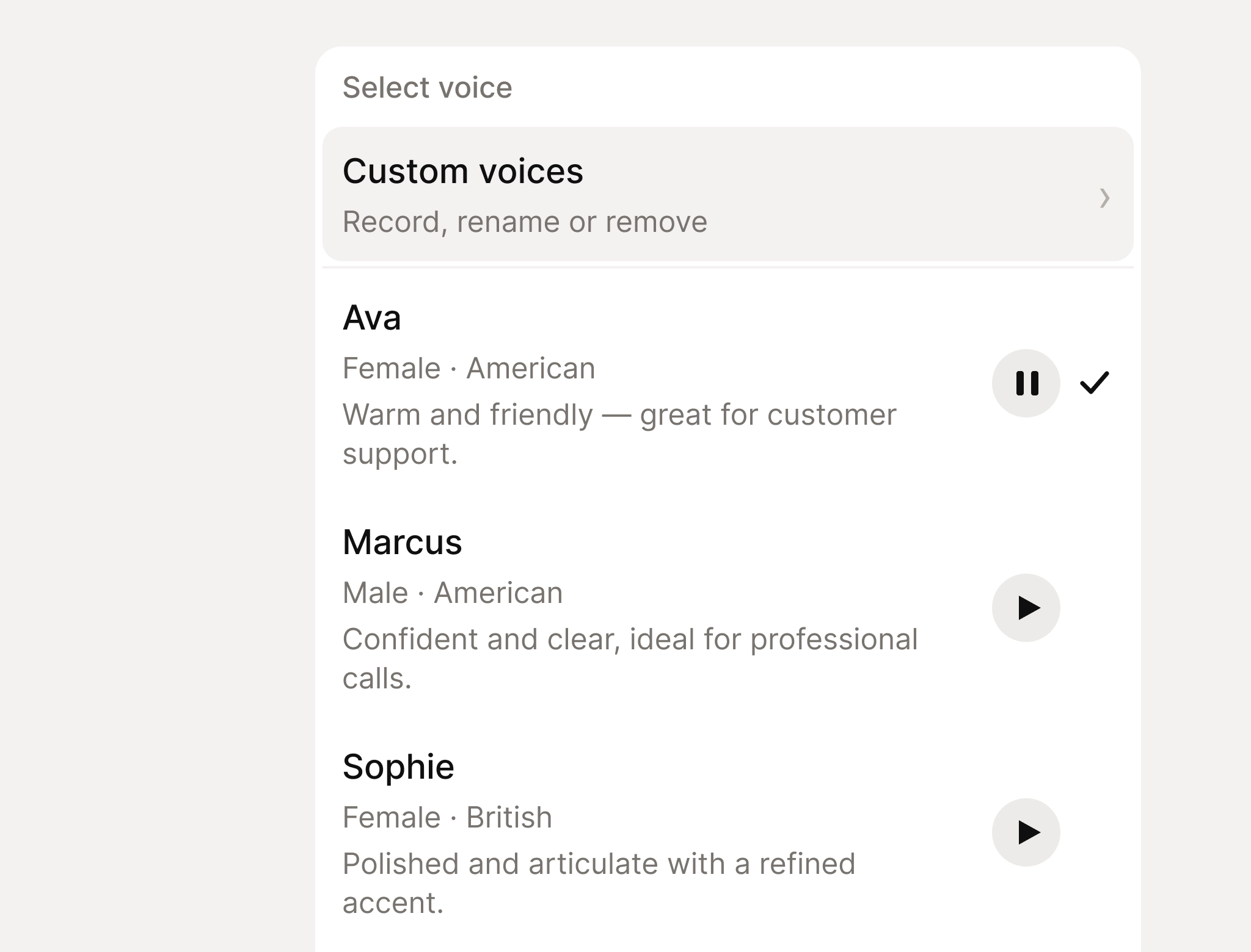 The voice picker: Ava, Marcus, Sophie and Diego, each described by accent and tone, with one playing and chosen.