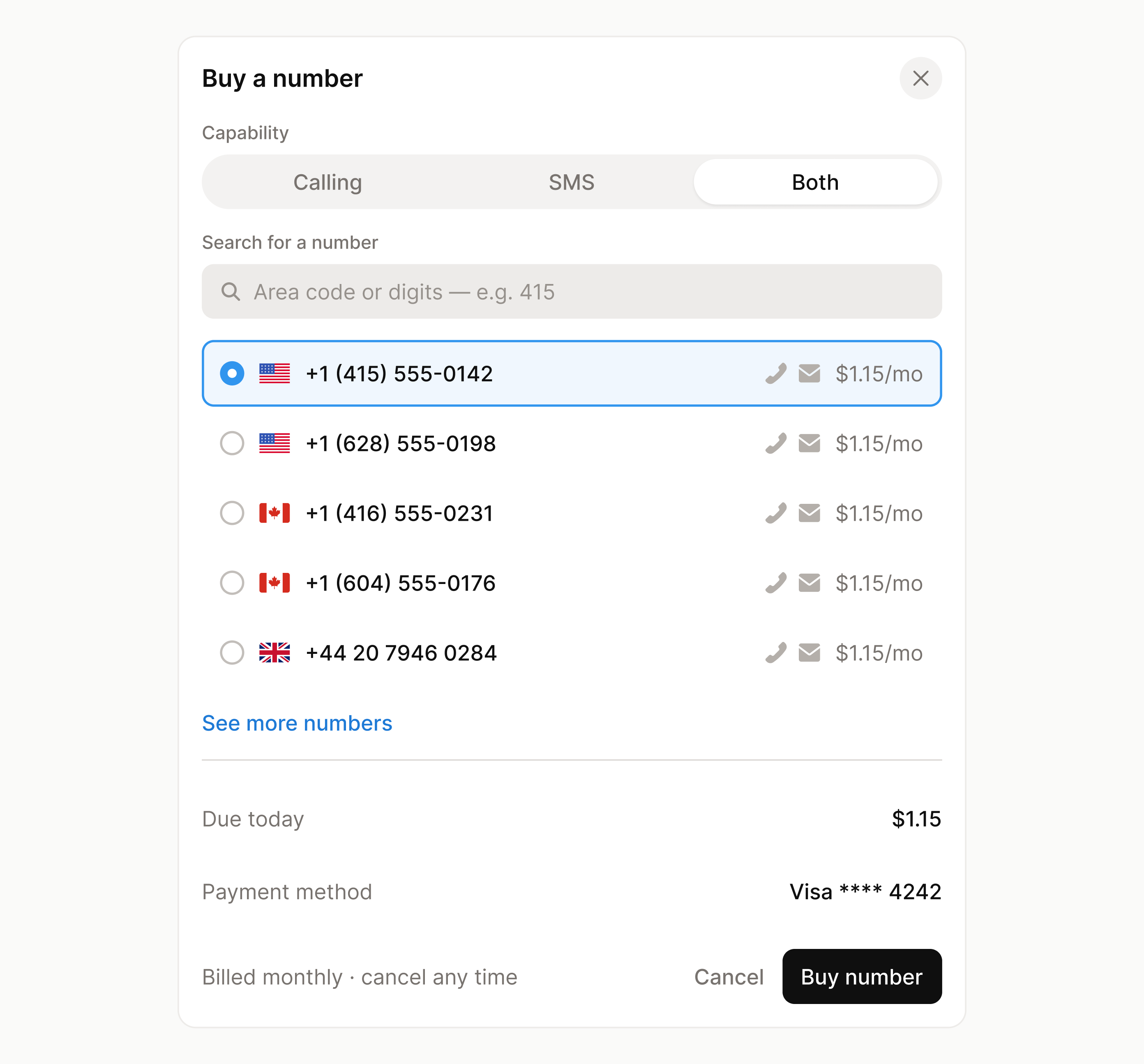 Buying a number: a list of US, Canadian and UK numbers with the first one selected.