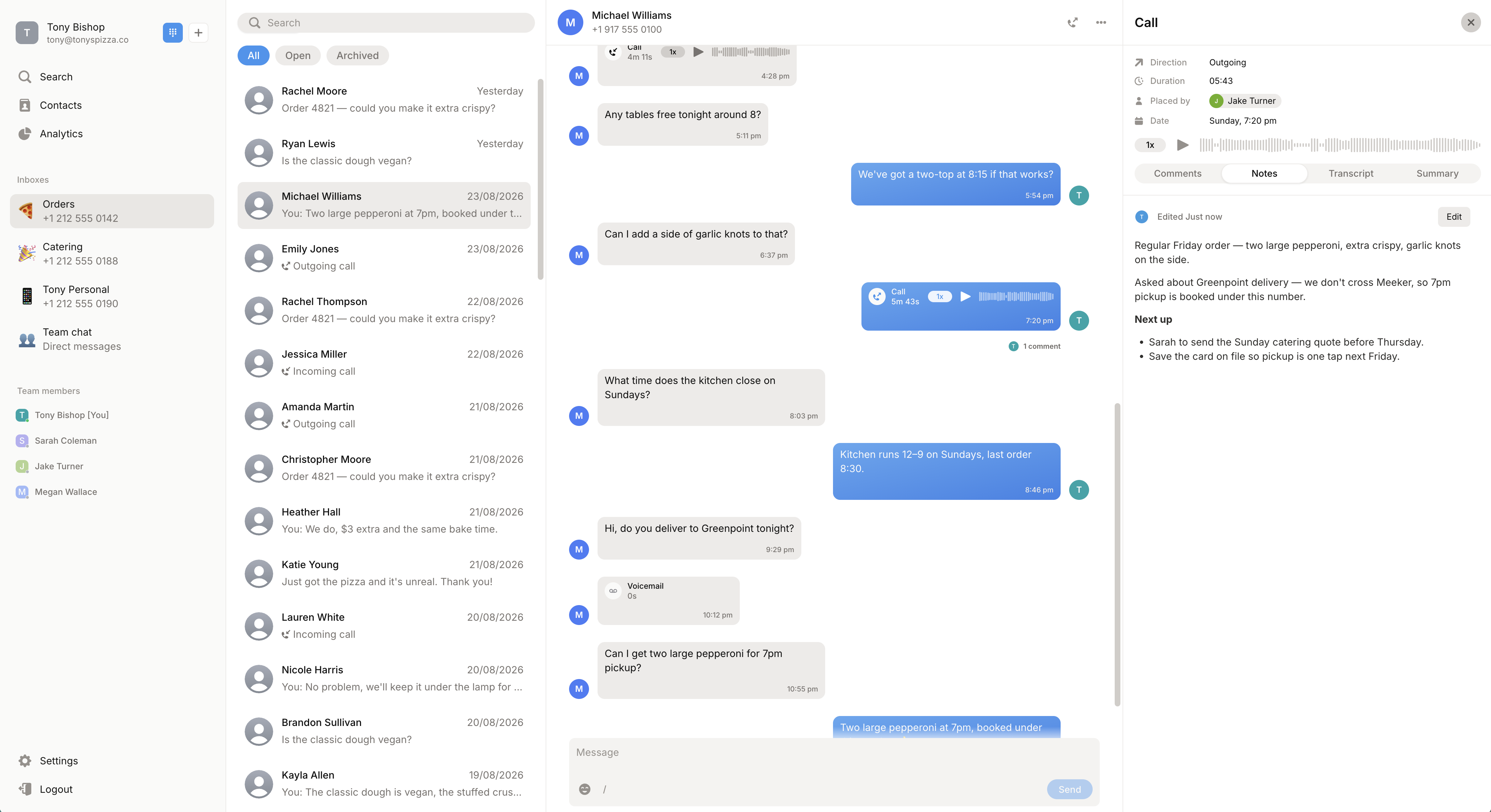 The Ringhouse web app — a shared inbox with a call open and its note